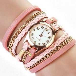 Женские часы с розовым кожаным браслетом
